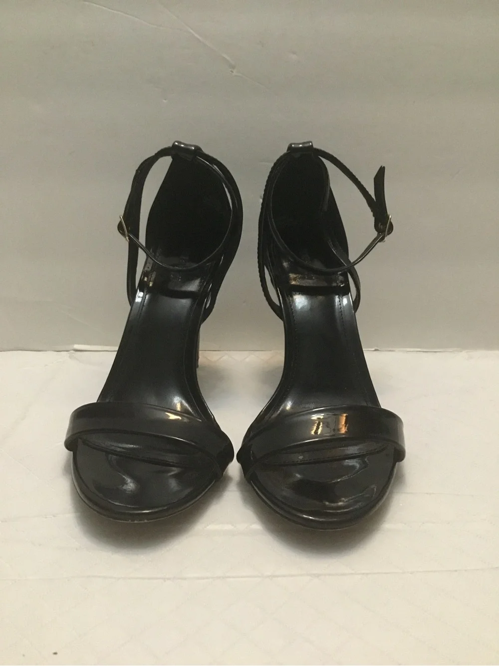 Forever 21 Black Patent Ankle Strap Heels Open Toe Glossy Size 6.5 Like New - Picture 1 of 13